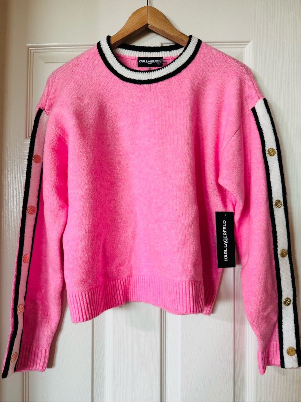 Karl Lagerfeld Prism Pink Crewneck Sweater with Stripe Trim Brand new with Tags